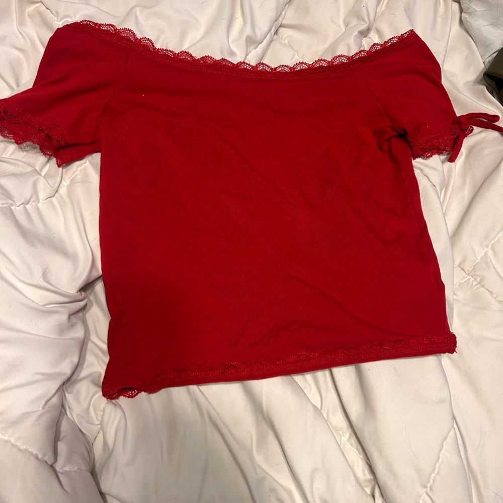 Elegant Red Off-Shoulder Lace Trim Top